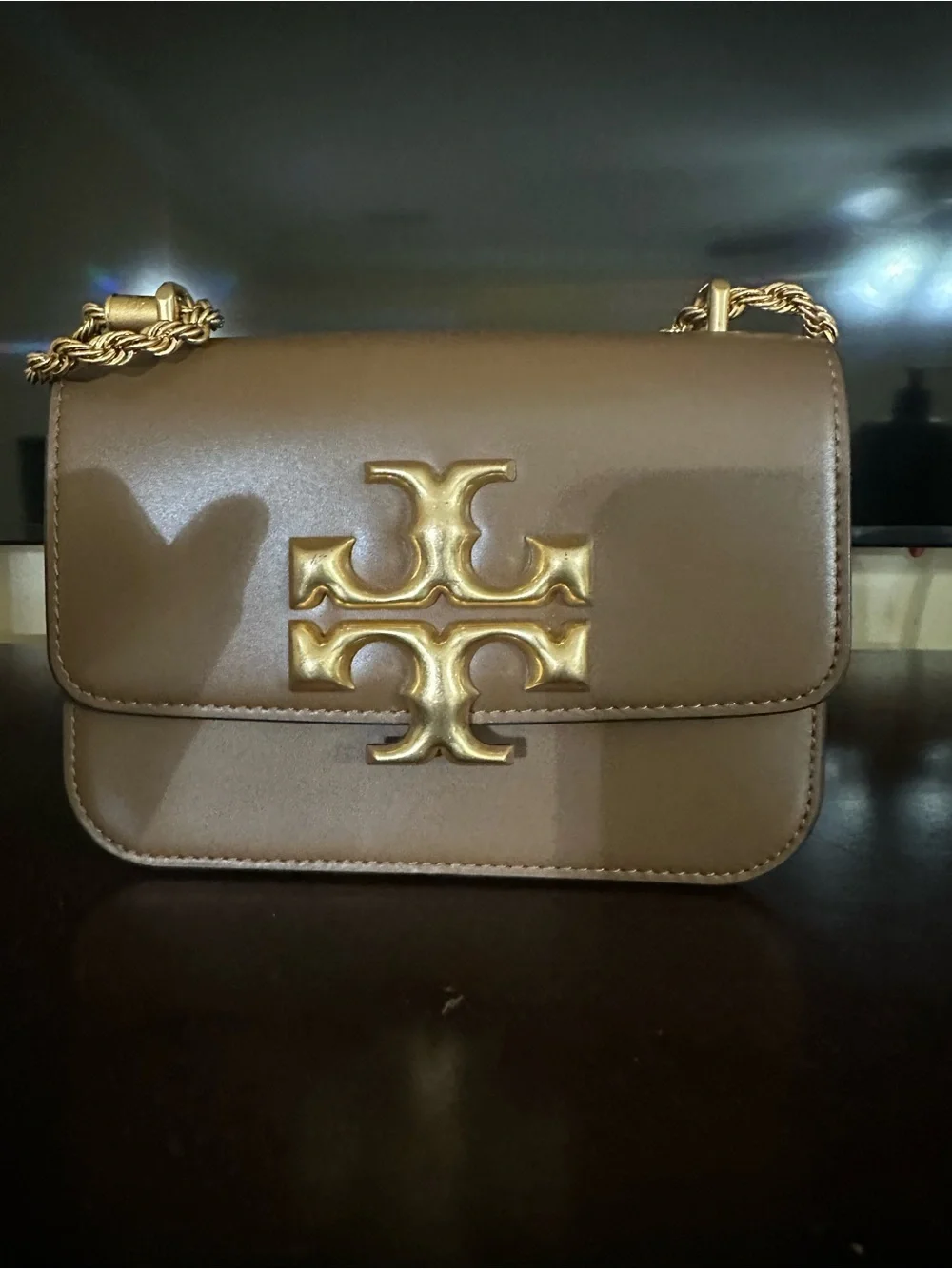 Tory Burch Taupe Leather Crossbody with Gold Logo & Chain